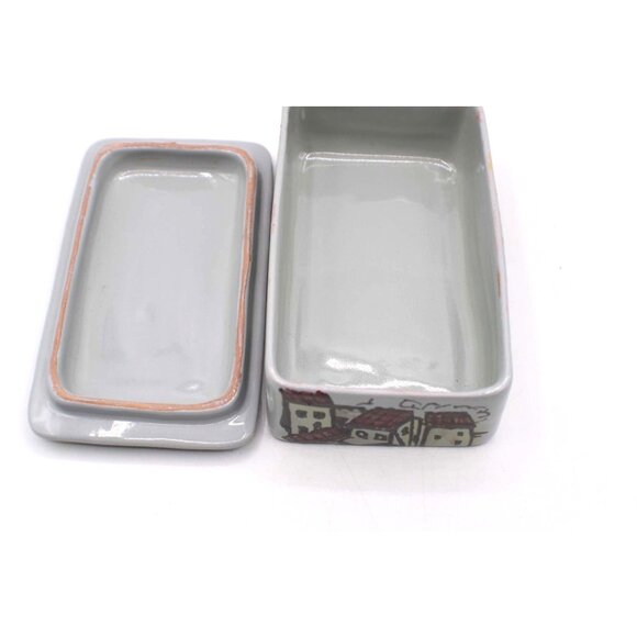 Italian Pottery Ceramic Trinket Box Village Scene Lid Gray Purple Signed Vintage - Picture 8 of 13